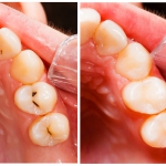 Teeth before and after treatment - dental composite filling.